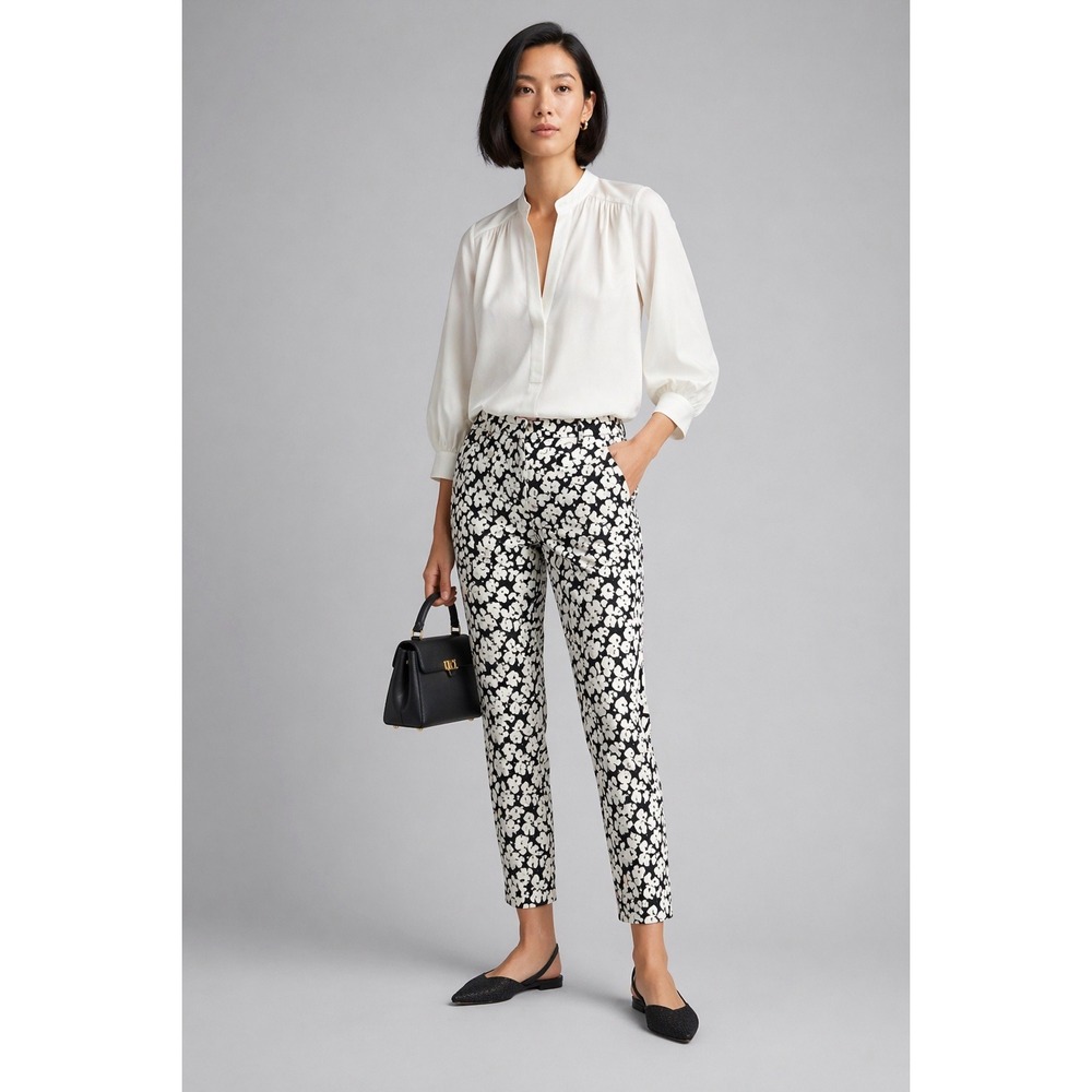 Akris Punto Franca Magnolia Print  Pants Black White Slim Stretch‎ Cotton Sz 4